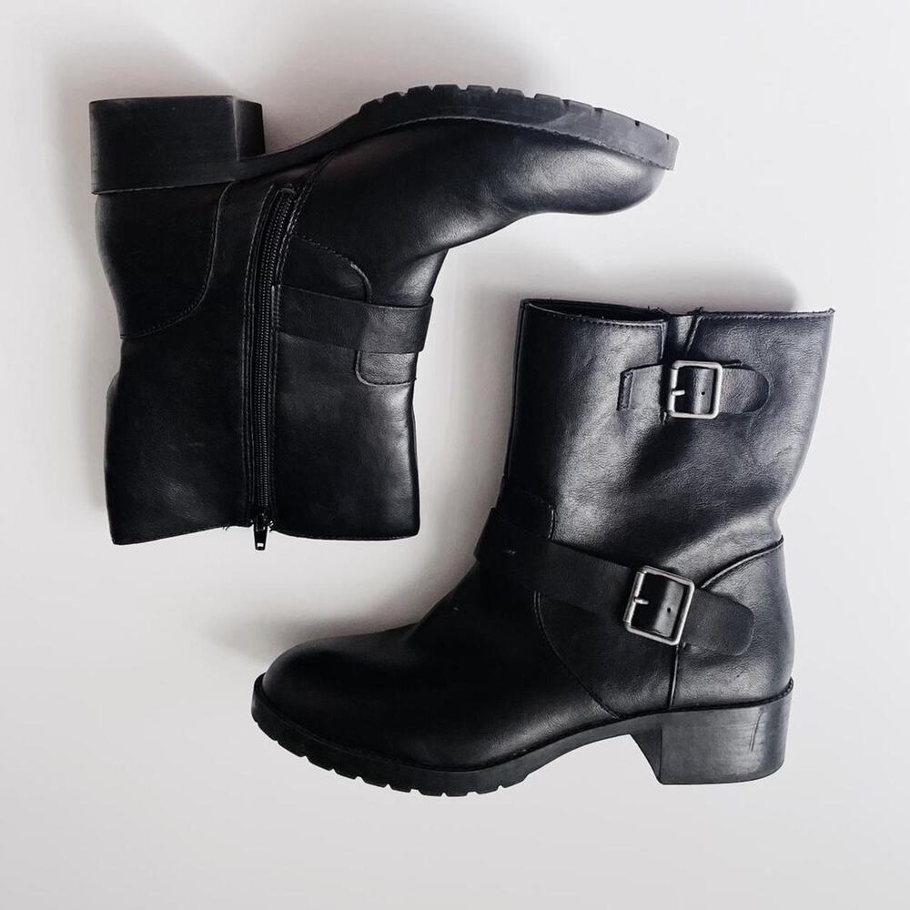 Vegan leather buckle boots